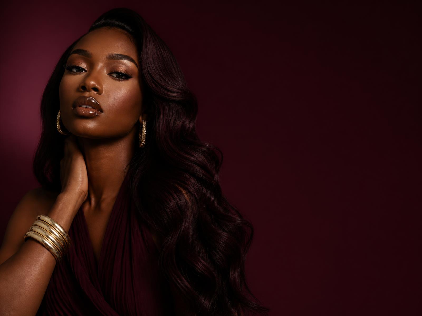 Woman with long glossy burgundy body wave hair wearing gold jewellery