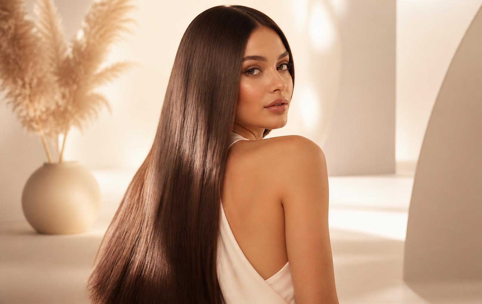 Editorial portrait of a woman with long sleek hair in warm light
